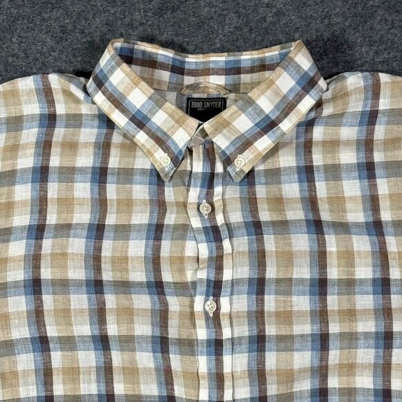 Todd Snyder Mens LS Button Shirt 100% Linen Blue Brown White Check Sz Large Lux - Picture 1 of 12